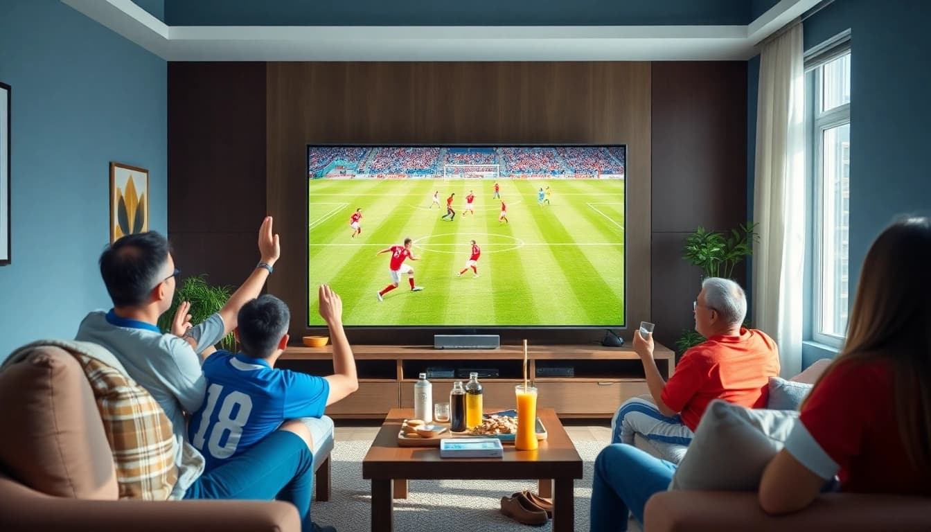 Engaged fans watching a live football match on vaoluoi tv in a cozy setting.