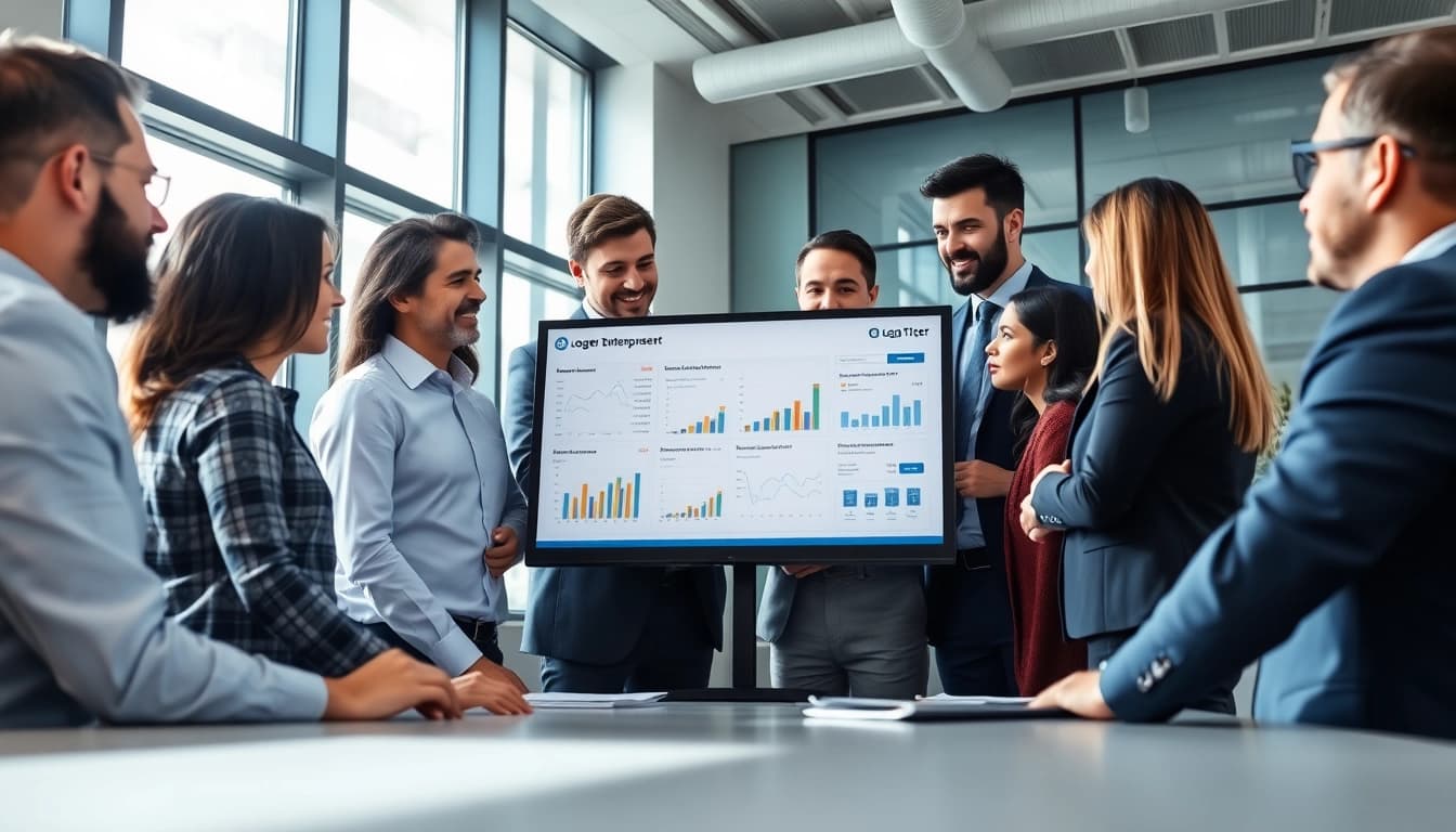 A collaborative team using Logo Tiger Enterprise in a modern office setting.