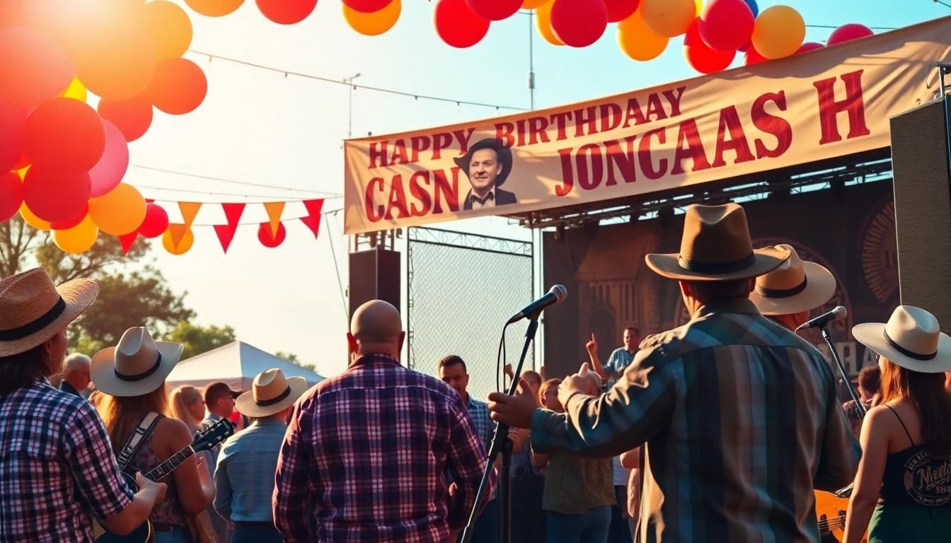 Fans joyfully celebrating at the johnnycashbirthday.com event, capturing the essence of Americana with live music.
