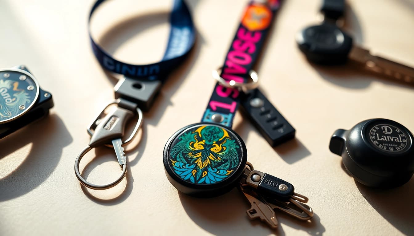 Stylishly showcase a lanyard keychain with vibrant colors and patterns accompanying keys and ID badges.