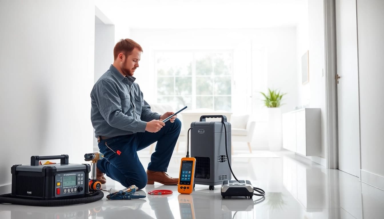 Technician performing a power flush using advanced leak detection tools in a modern home.