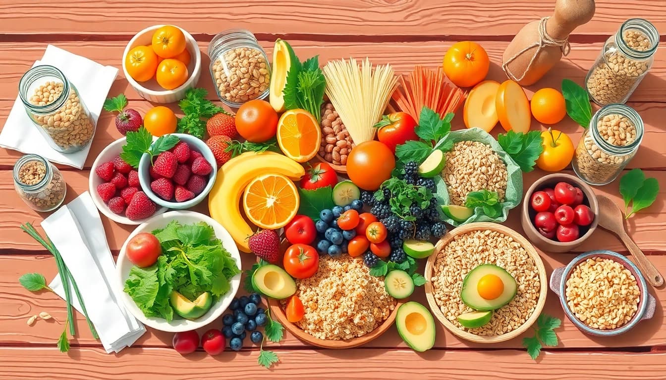 Display a colorful healthy food spread showcasing vibrant fruits and vegetables.
