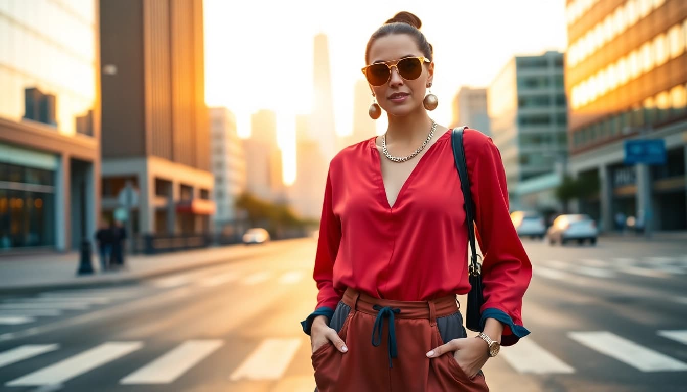 Stylish urban woman confidently modeling vibrant women fashion jumpsuit.