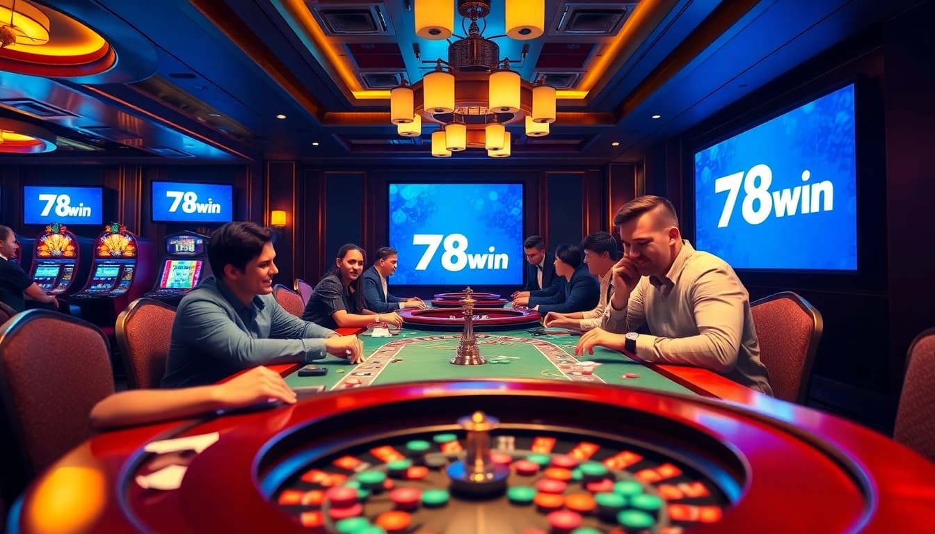 Engaging poker game showcasing players at the trang chủ 78win casino, featuring vibrant chips and a roulette wheel.