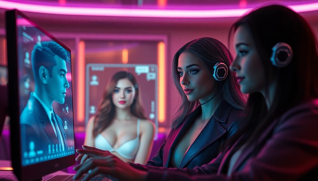 Engaging NSFW AI interaction showcasing diverse character avatars in a futuristic chat setting.