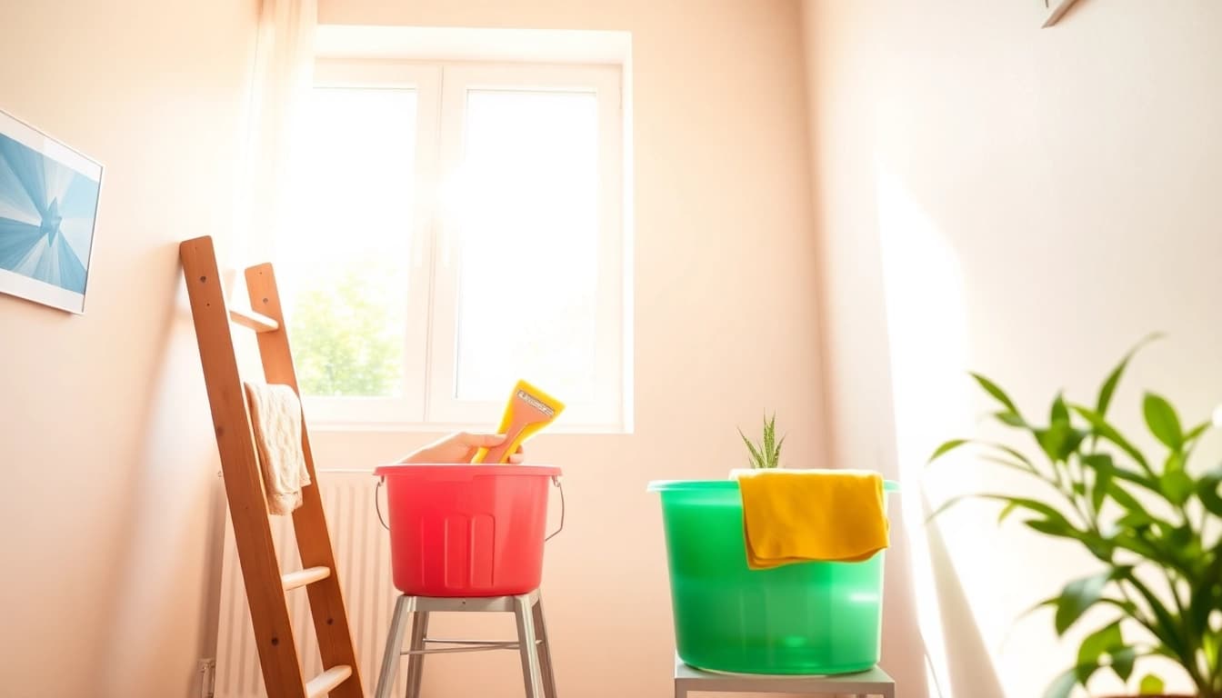 Person actively engaged in wall cleaning with eco-friendly products in a bright, clean room.