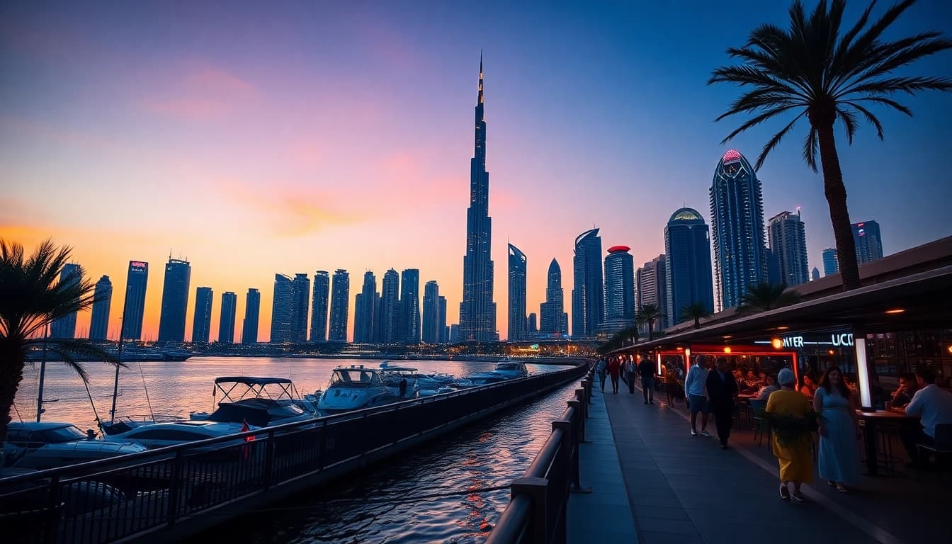 Experience travel to Dubai by exploring its breathtaking skyline and vibrant city life at sunset.