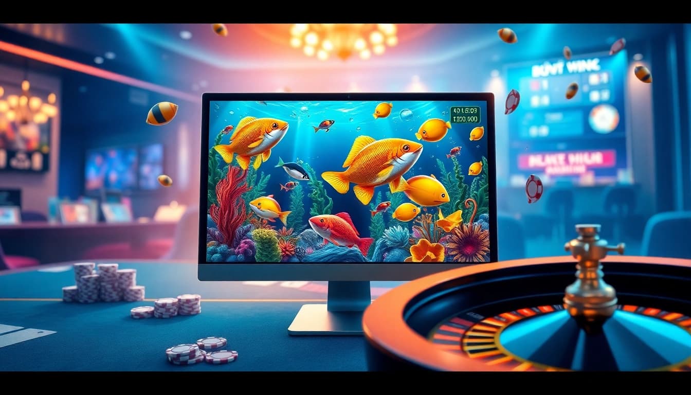 Bắn cá đổi thưởng game interface showcasing colorful fish and casino elements like poker chips and roulette wheels.