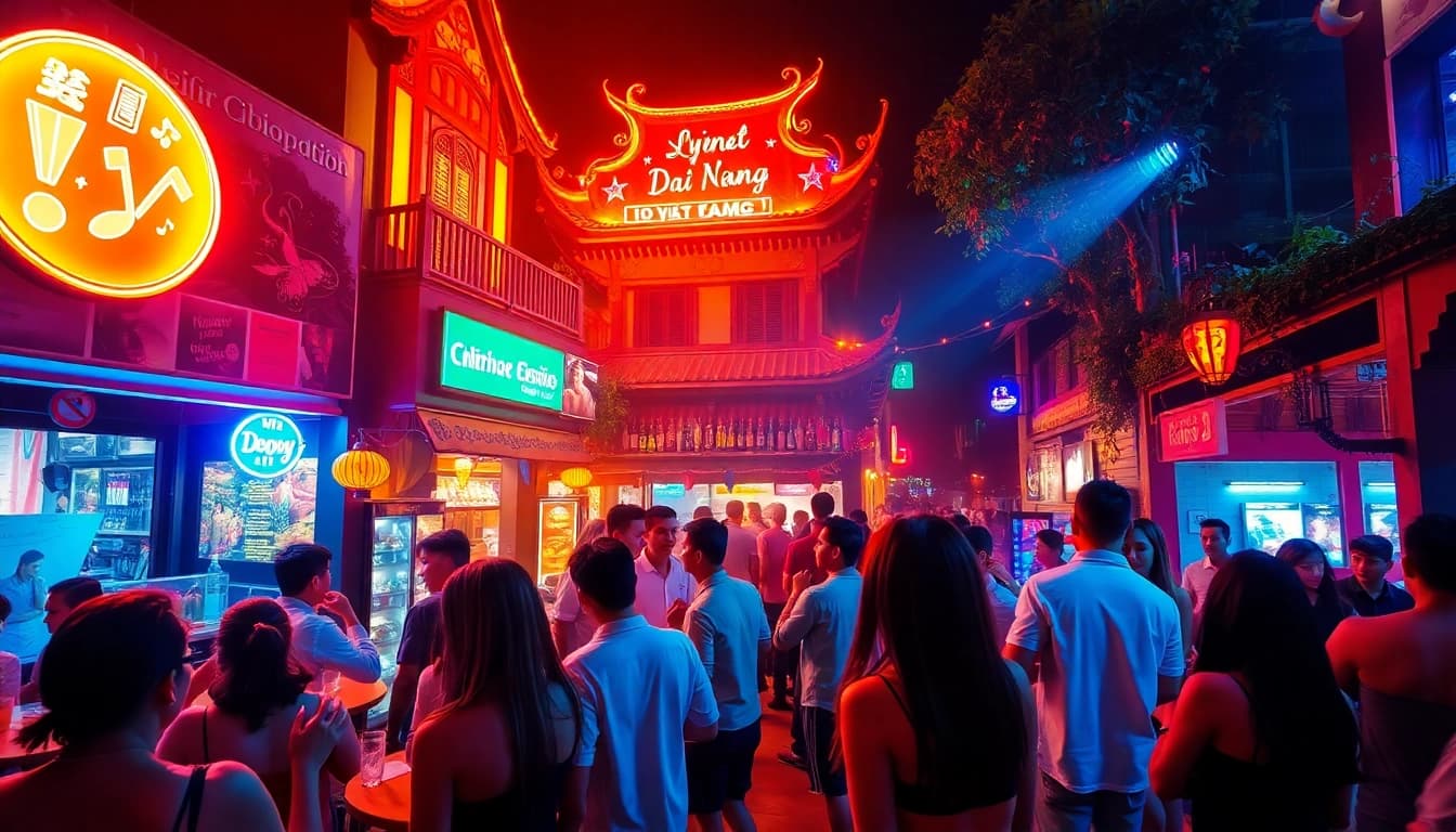 Experience the vibrant 다낭밤문화 with lively nightlife in Da Nang, Vietnam, featuring bars, clubs, and excited crowds.
