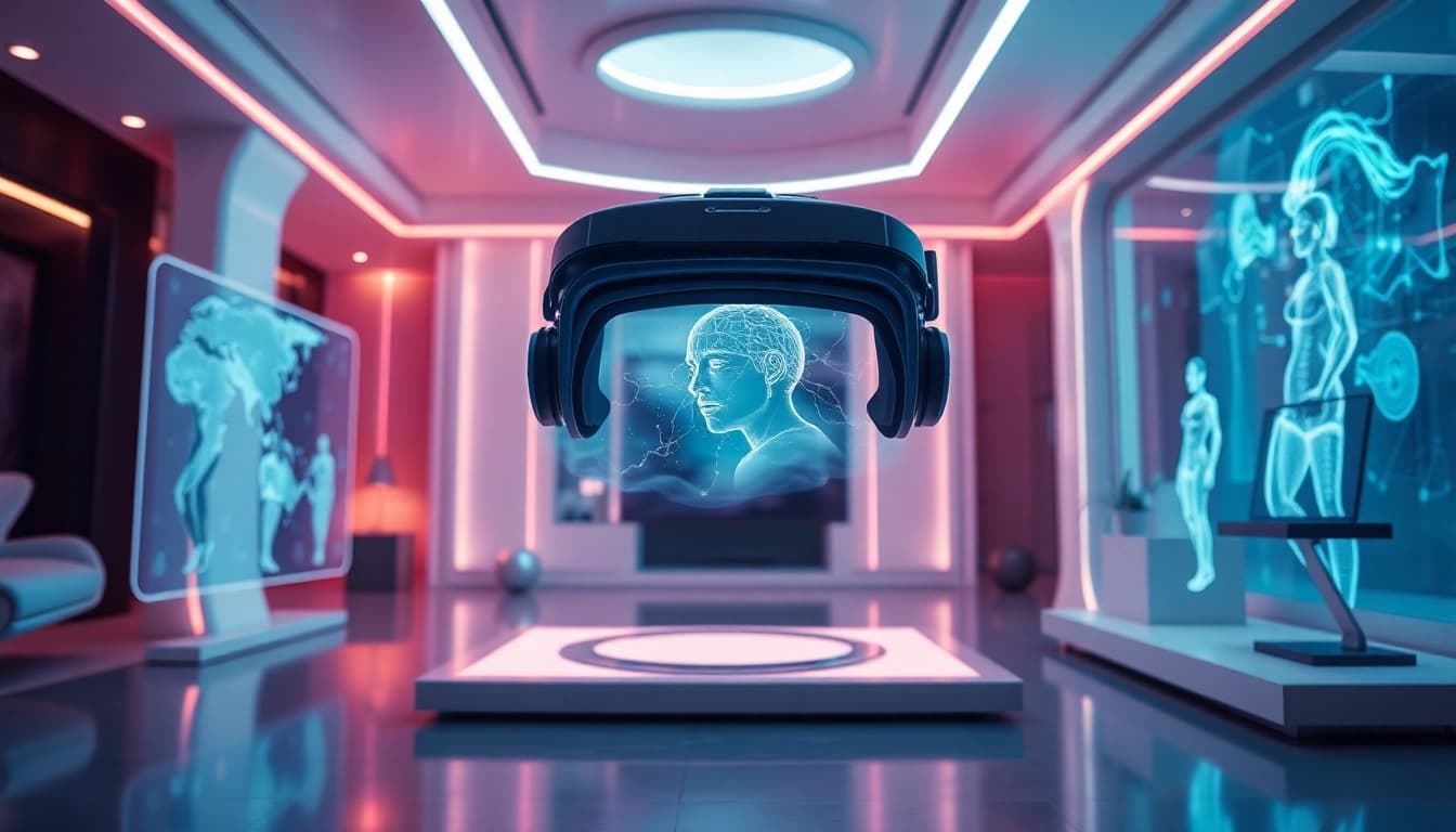 Futuristic AI technology scene showcasing innovative porn ai elements, holographic displays, and digital artistry.