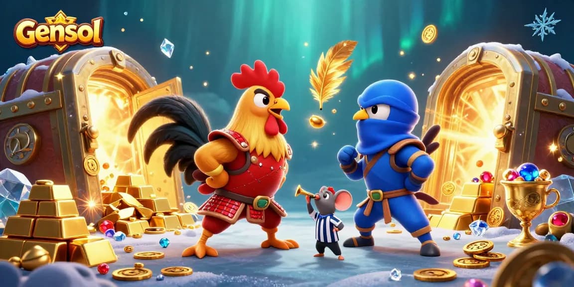 Engage in thrilling gensol cockfighting with dynamic roosters and golden treasures in a vibrant casino world.