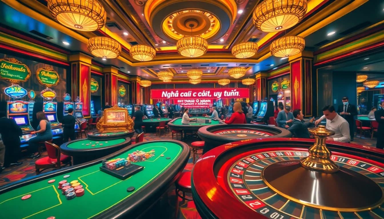 Explore lively gaming tables at a Nhà cái uy tín casino, showcasing excitement with poker chips and roulette wheels.