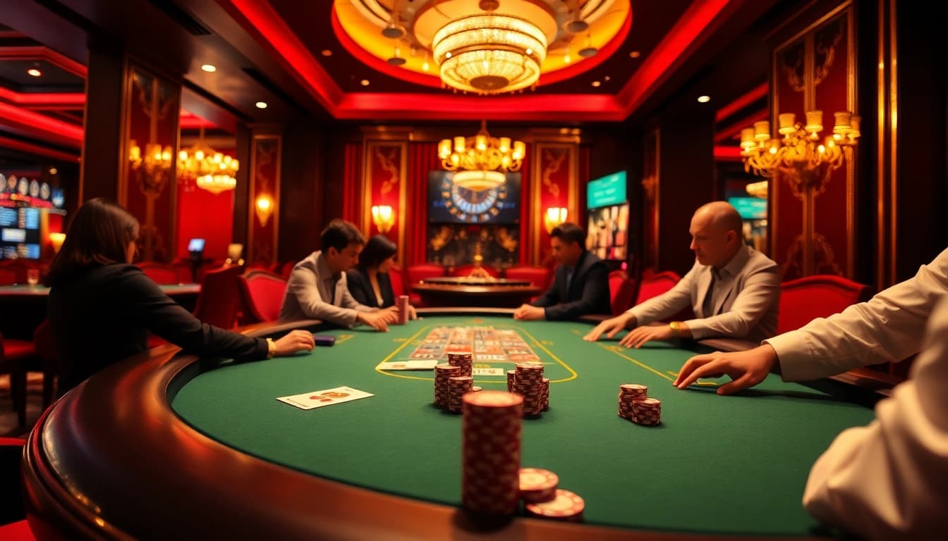 Engage in a thrilling game bài đổi thưởng at a lavish poker table, featuring high-stakes action and luxury gambling elements.