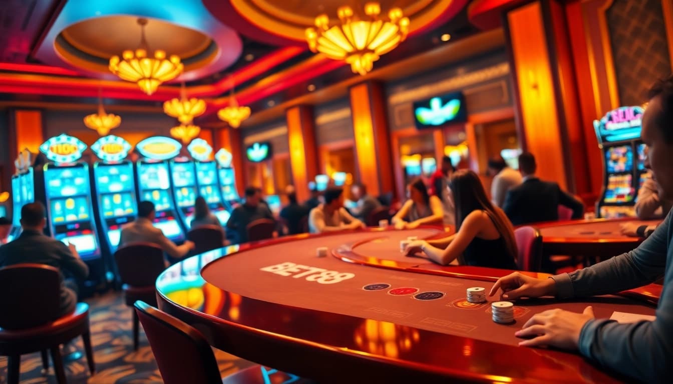 BET88 casino tables and online gambling excitement with vibrant slot machines and players.