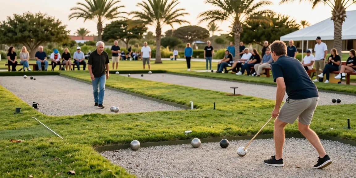 Petanque players enjoying a game at fopikotabontang.org during golden hour, showcasing community spirit.