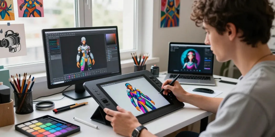 Artist creating NSFW AI artwork in modern studio filled with digital tools.