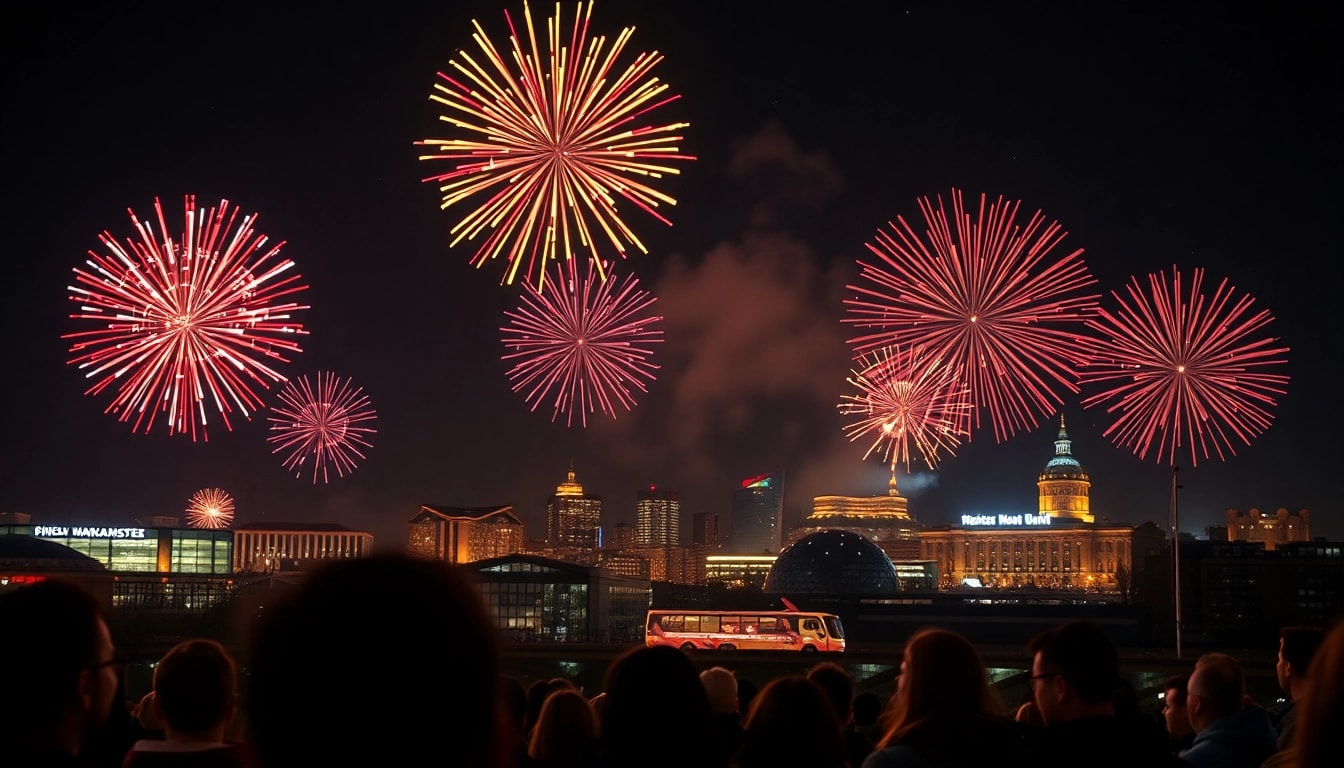 Experience the brilliance of manchester fireworks lighting up the night sky over a crowded celebration.