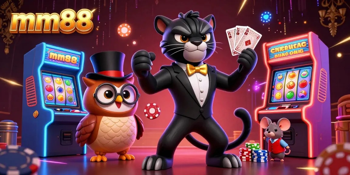 Engage in thrilling mm88 casino games with a stylish tuxedo panther dealer and vibrant game elements.