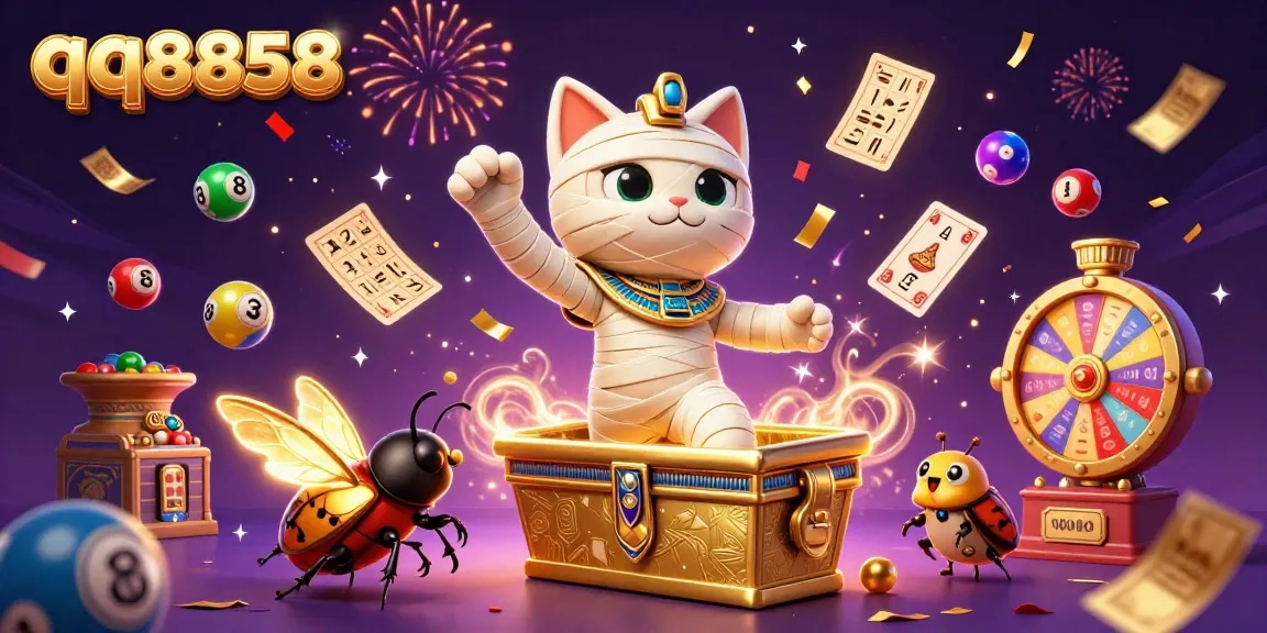 Play exciting casino games at qq8858 with a vibrant 3D themed illustration featuring mummy cat and lottery elements.