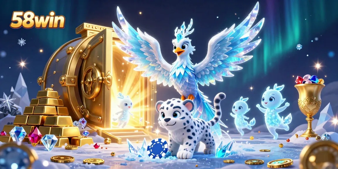 Delve into the vibrant world of 58win, showcasing a dynamic scene with casino-themed characters and treasures.