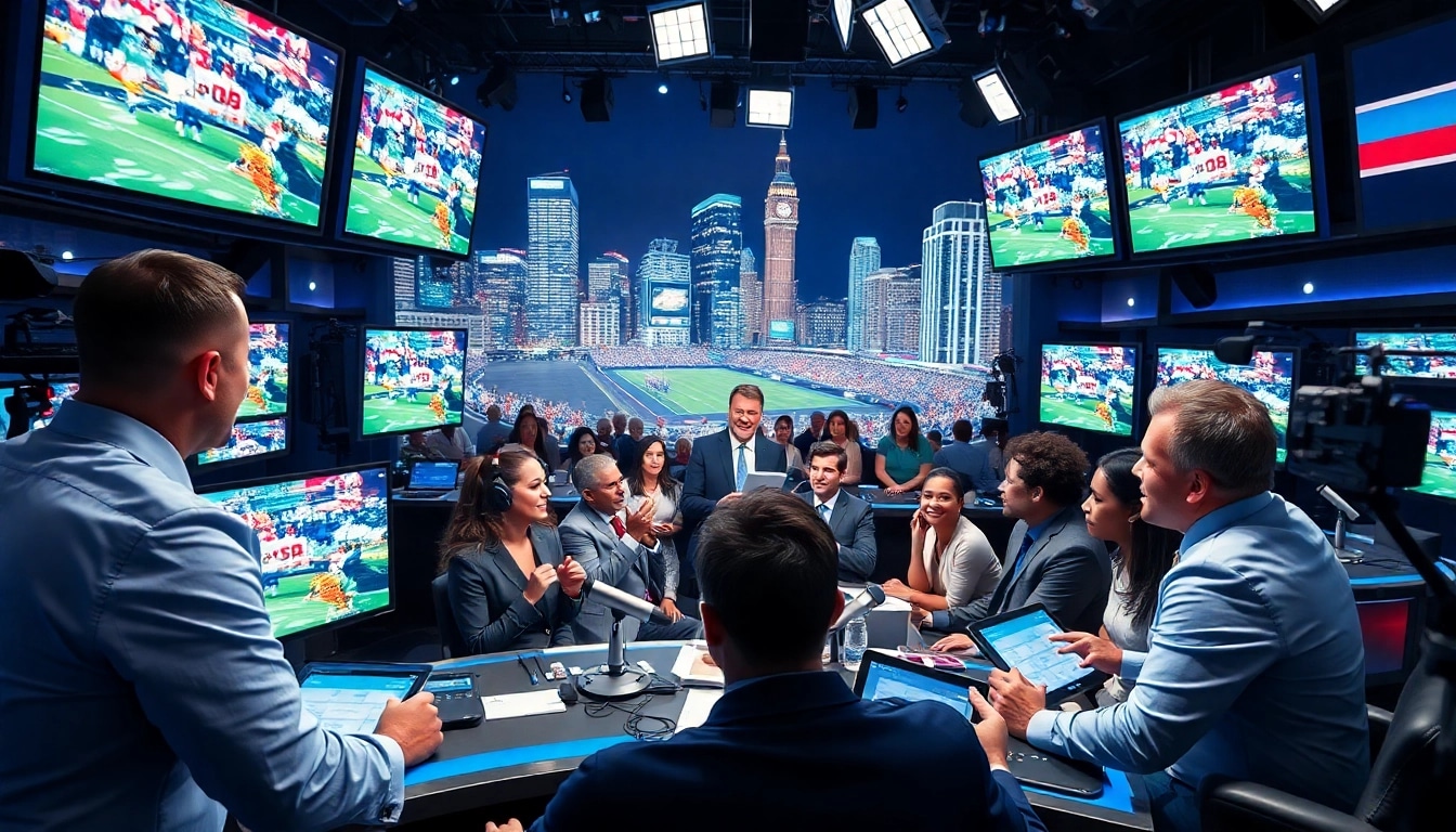 Engaging sports broadcasting scene with diverse presenters in a modern studio setup.