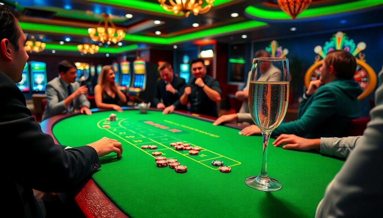Players enjoying a lively blackjack game at a luxurious casino, showcasing five88 branding.