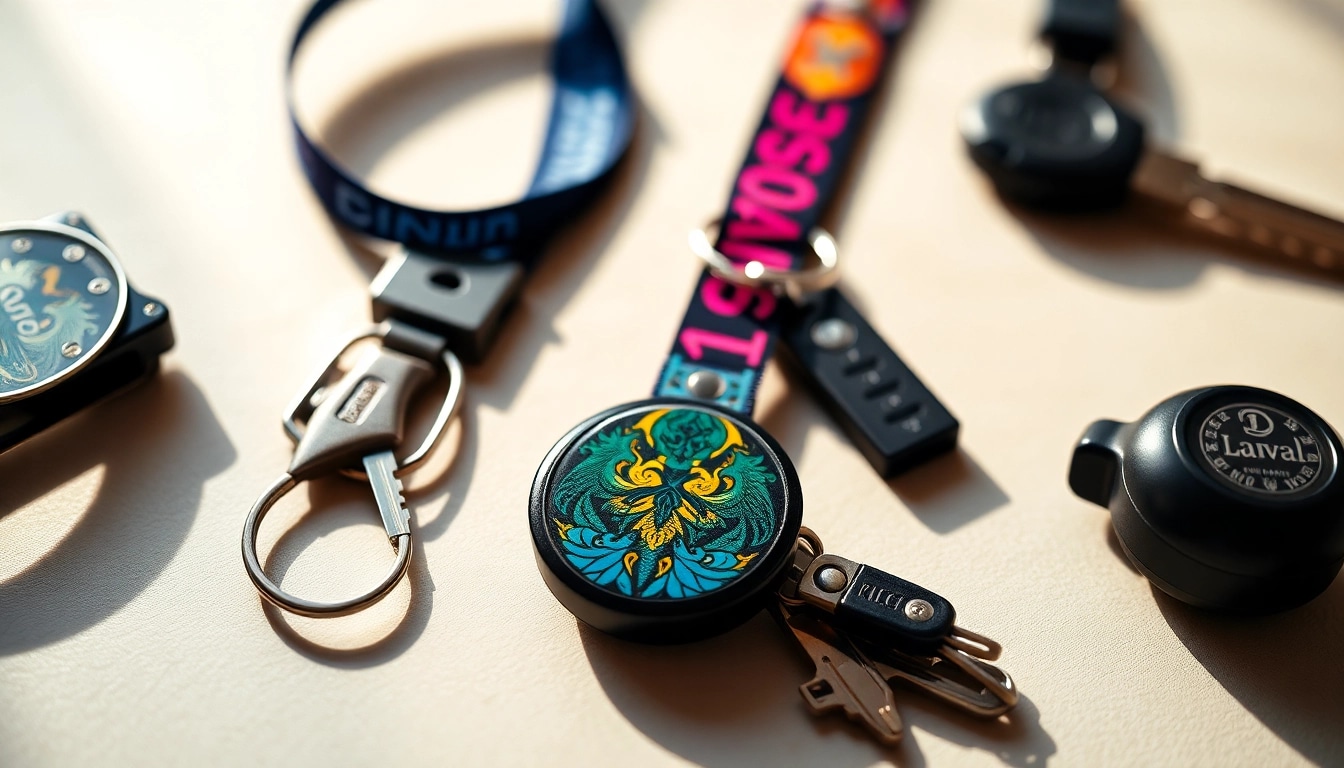 Stylishly showcase a lanyard keychain with vibrant colors and patterns accompanying keys and ID badges.