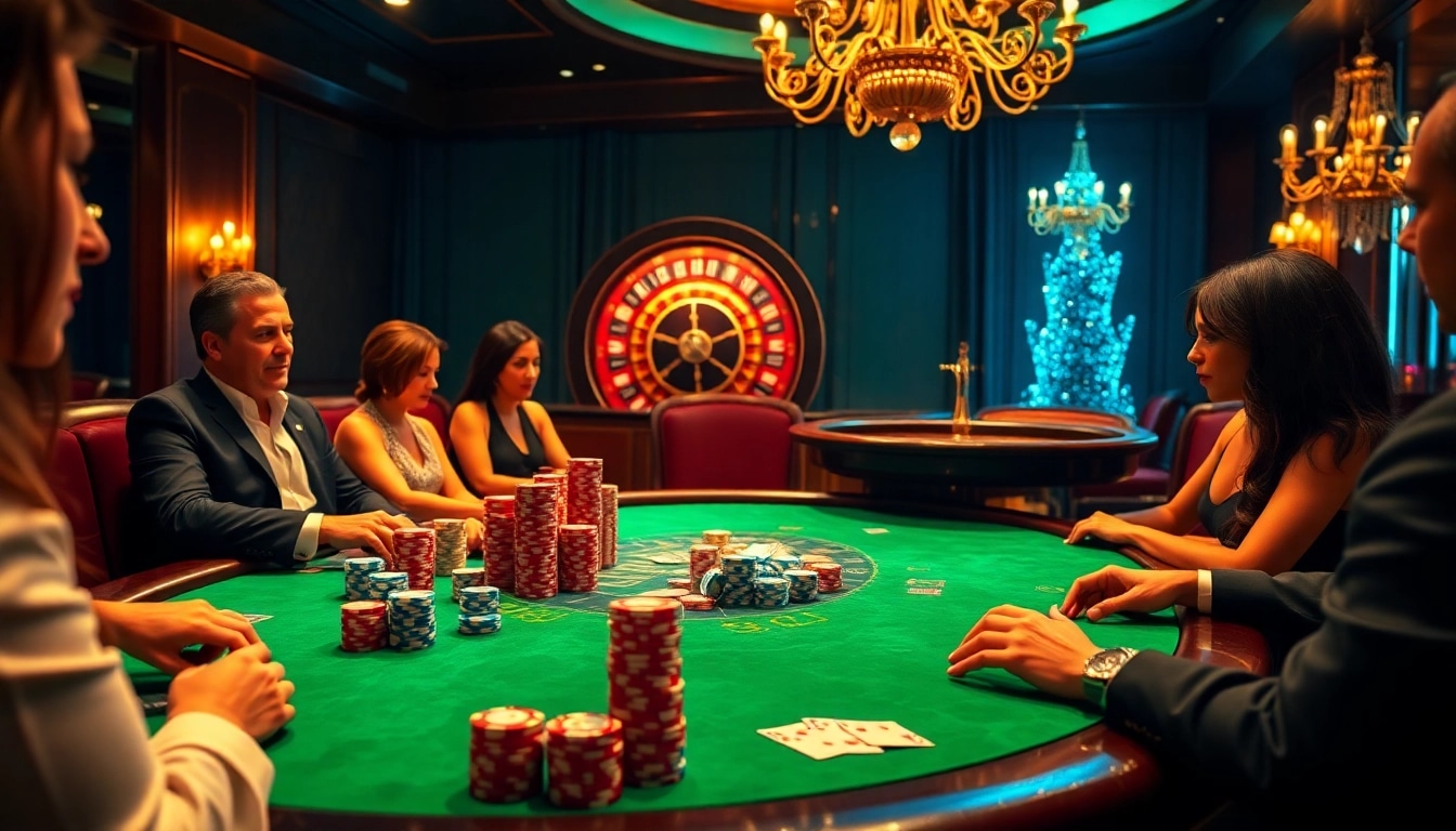 Engaging players at a KJC-branded poker table in a luxury casino atmosphere.