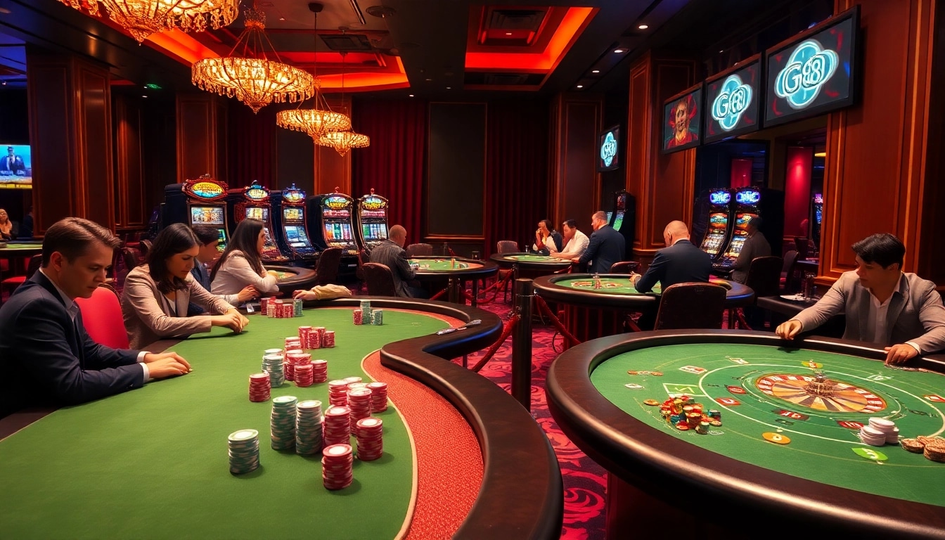 Win big at the GO 88 casino with vibrant tables, roulette wheels, and poker chips in action.