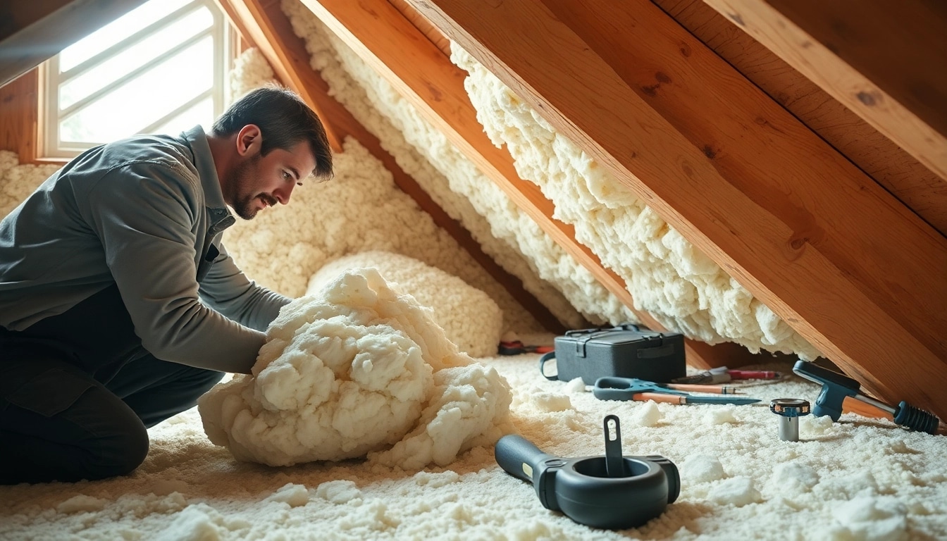 Loft insulation removal specialist working diligently in an attic space.