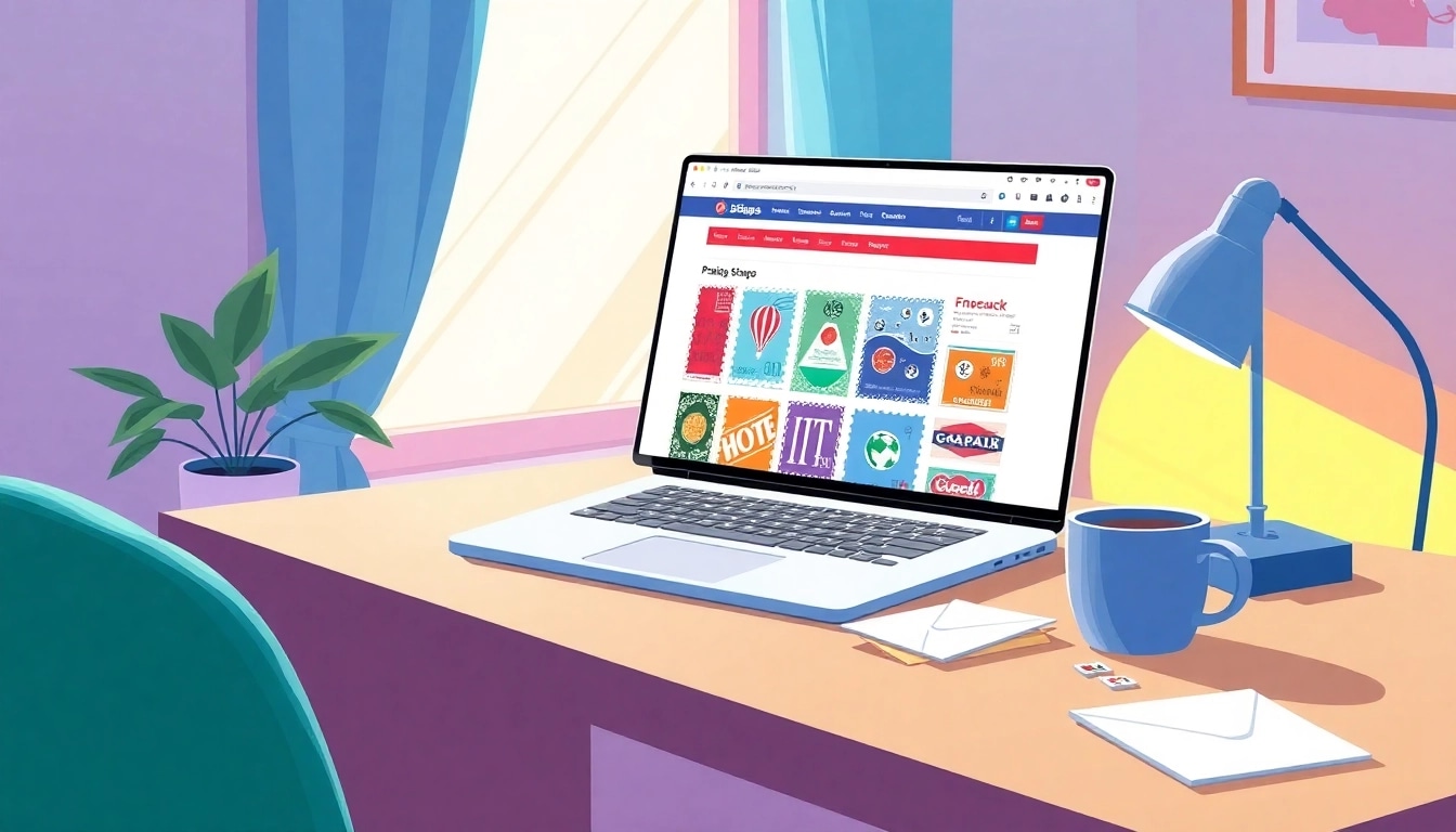 Explore buying postage stamps online through a colorful home office setup, showcasing easy navigation and warm aesthetics.