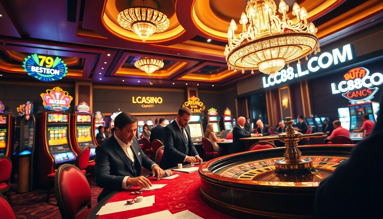 Experience the thrill of winning at LC88.COM with players enjoying poker and roulette in a luxurious casino setting.