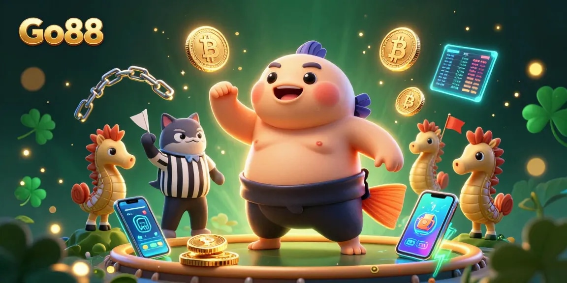 Engage with Go88's vibrant online casino experience through this captivating 3D illustration of a lively underwater casino scene.