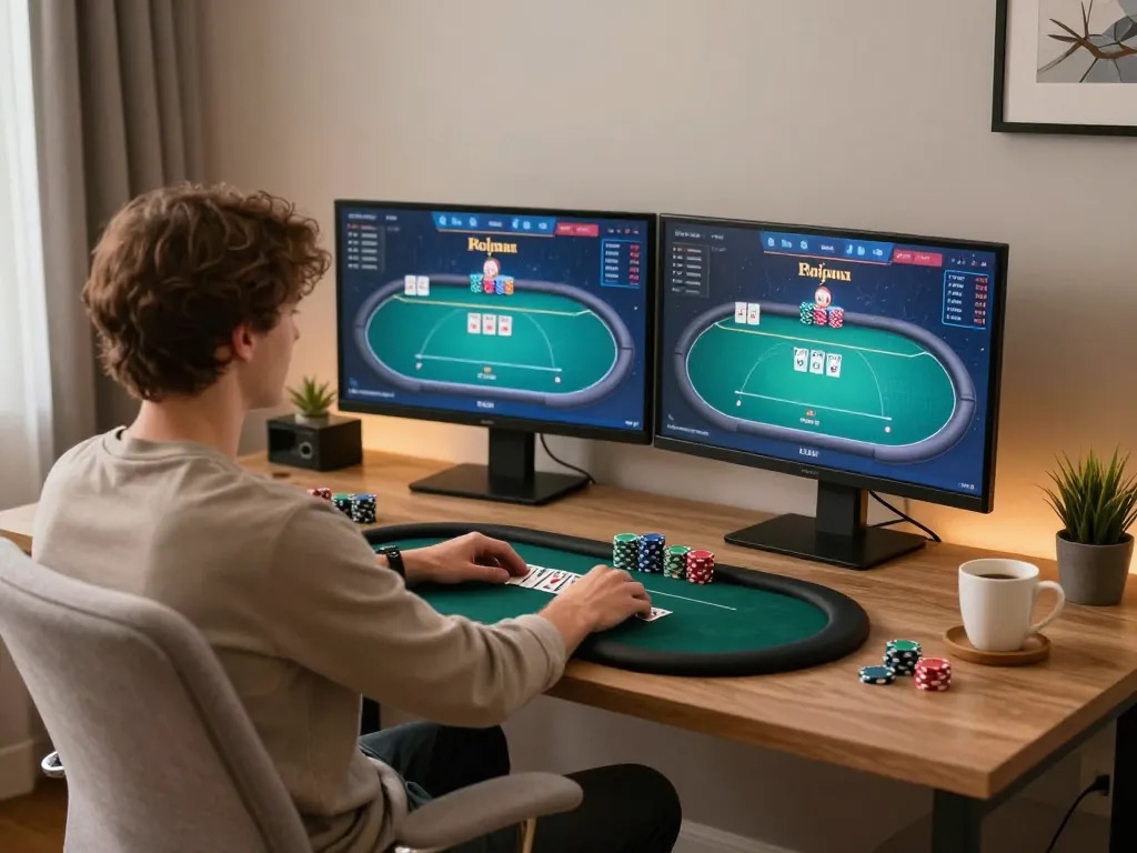 Engaging in online poker gameplay on trang chủ Net88 from a stylish home office setup