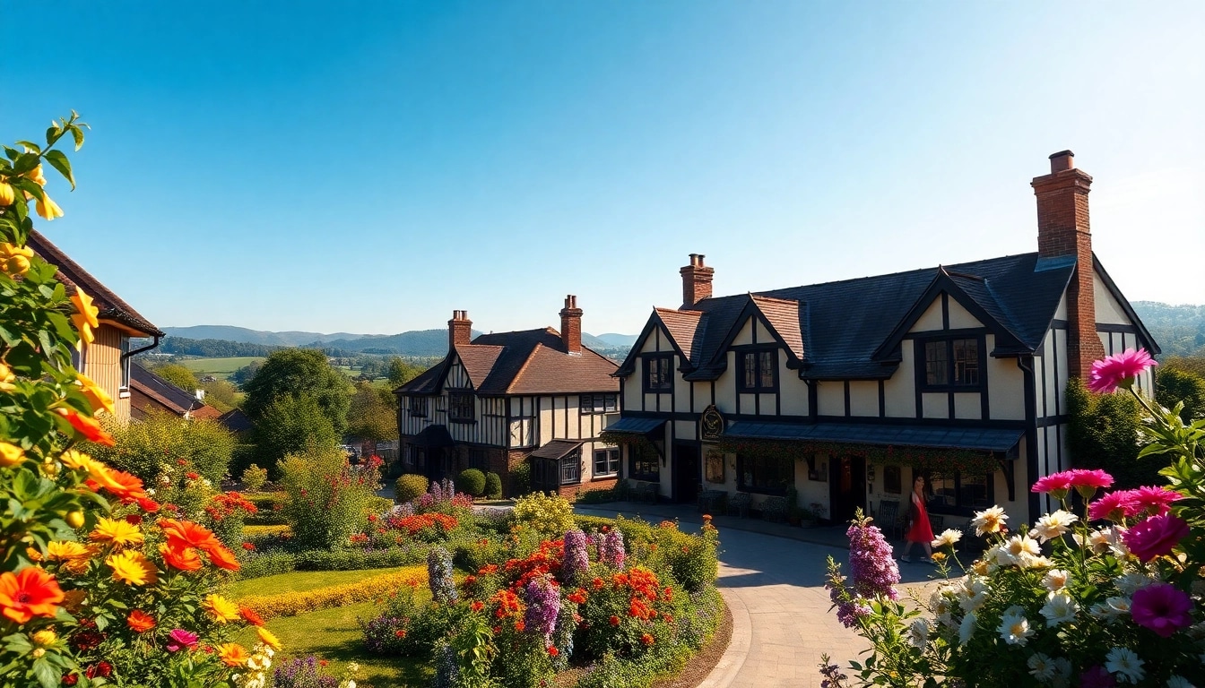 Pyrford village vibrant gardens with traditional architecture creating a serene atmosphere.