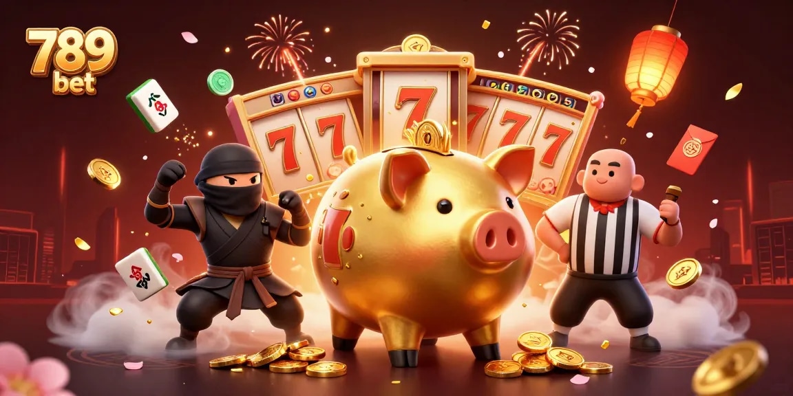 Engage with the thrilling world of 789 bet featuring exciting slot games with a vibrant golden piggy bank sumo wrestler.