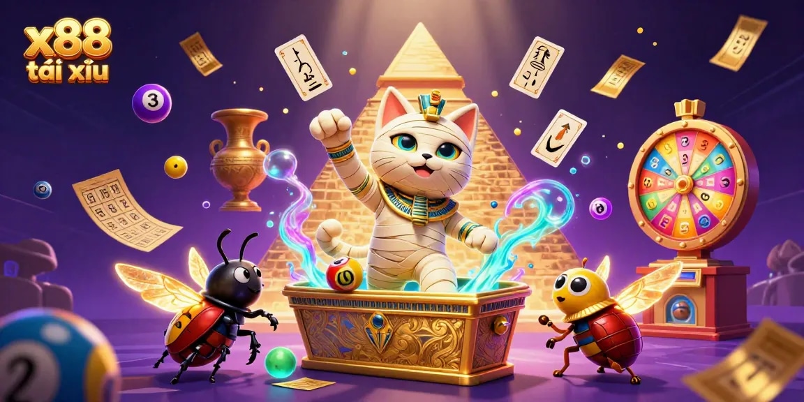 Play x88 tài xỉu in an exciting 3D illustration featuring vibrant casino elements and animated characters.