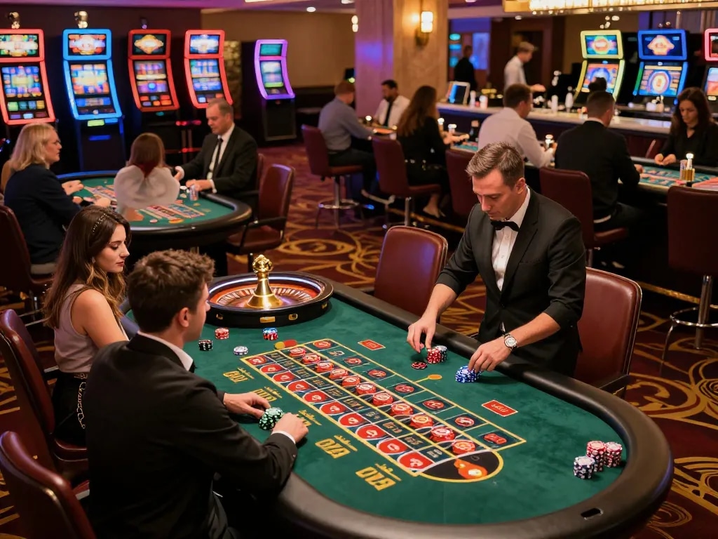 E2BET players placing bets at roulette tables in a vibrant casino atmosphere