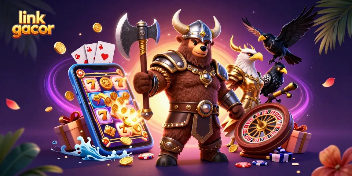 Experience the excitement of link gacor with 3D characters amidst vibrant slot games and golden coins.