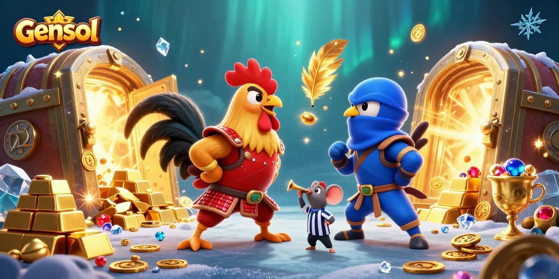 Engage in thrilling gensol cockfighting with dynamic roosters and golden treasures in a vibrant casino world.