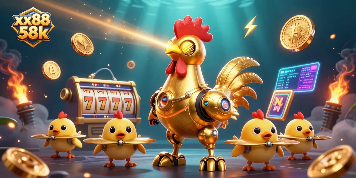 Experience the excitement of xx88 58k with a vibrant, action-packed whiskey casino scene featuring golden rooster robot elements and slot game symbols.
