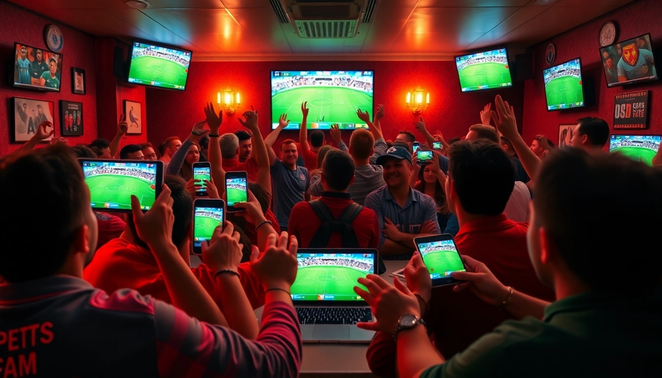 Exciting football match streaming scene, showcasing joemadfan.com on various devices in a lively sports bar atmosphere.