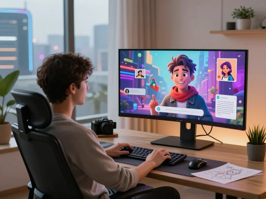 Interactive scene showcasing user engaging with character ai nsfw in a modern roleplay environment, featuring vibrant AI avatars and immersive digital atmosphere.
