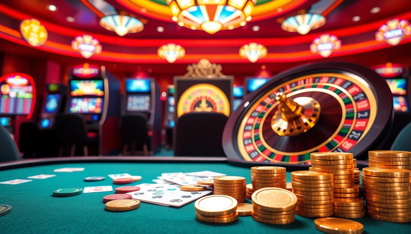 Engaging 98Win online casino scene showcasing poker chips, roulette wheel, and slot machines.