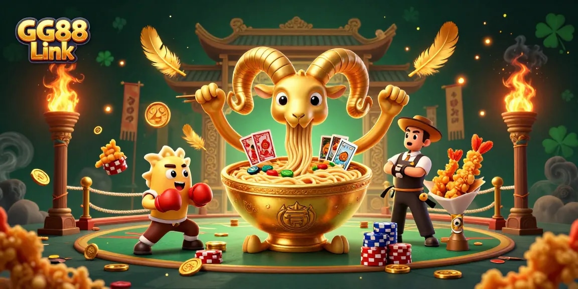 Experience the excitement of GG88 Link as golden ramen bowl characters and vibrant casino elements come to life.