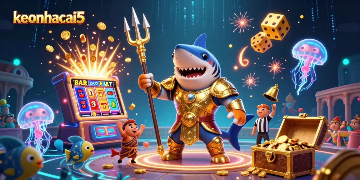 Engage with keonhacai5's thrilling underwater betting arena, featuring a golden-trident shark and jackpot excitement.