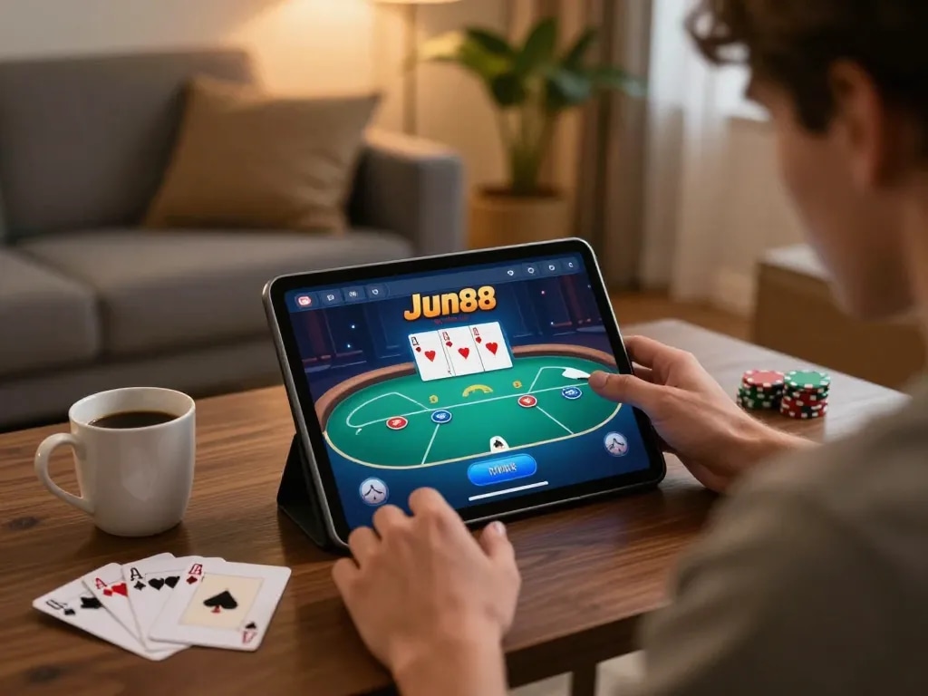 Engaged player strategizing on Jun88 poker app in a cozy home setup.