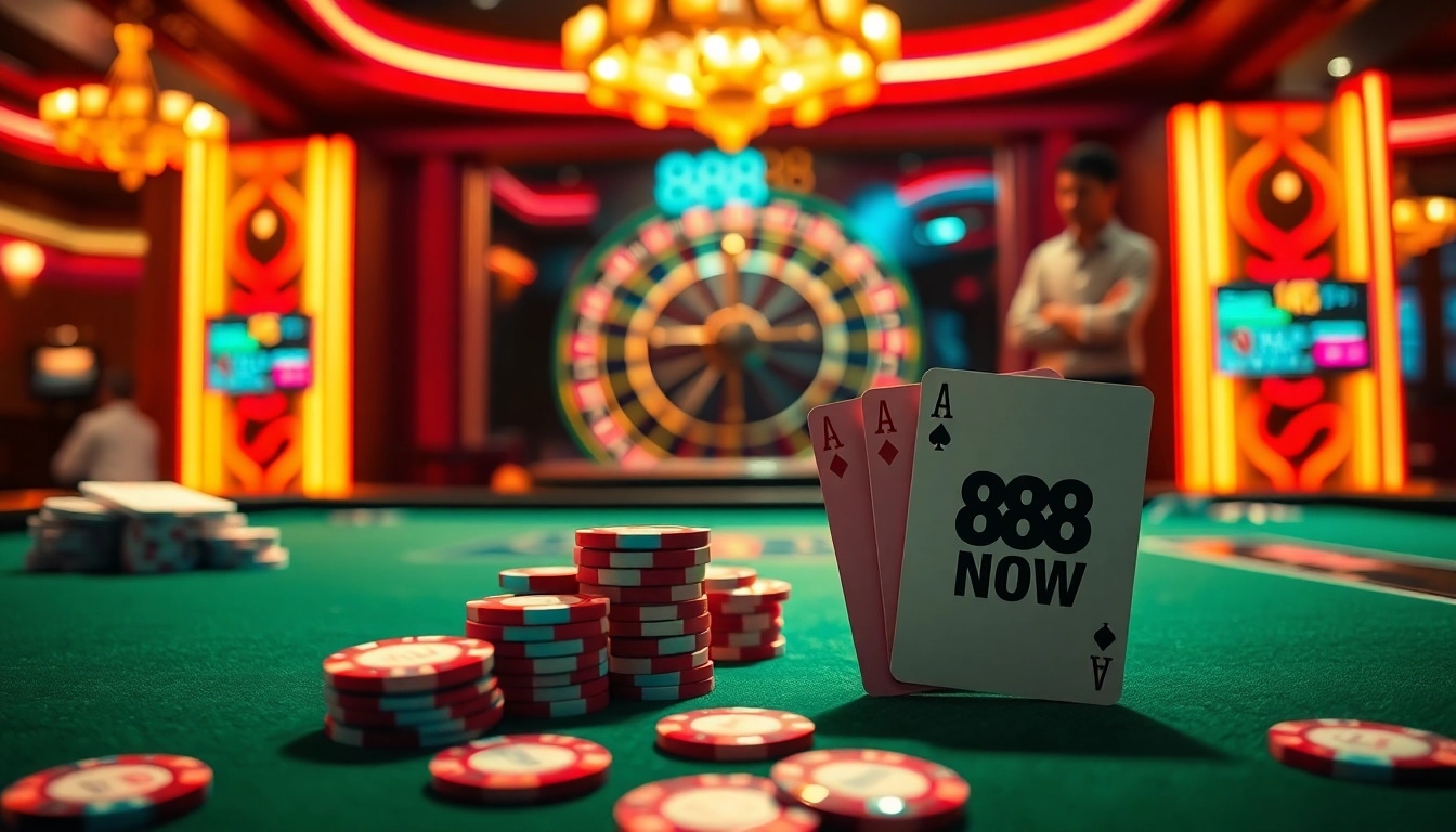 Experience the thrill of 888 NOW with exciting poker chips and a vibrant casino atmosphere.