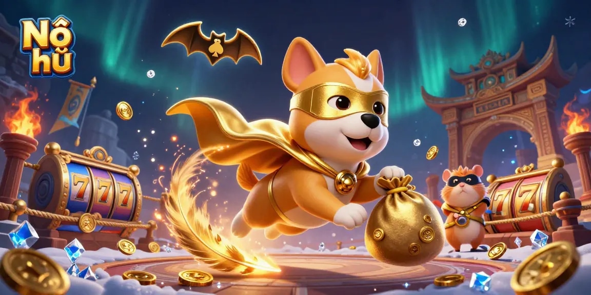 Engage in exhilarating Nổ hũ experiences with characters in a vibrant casino illustration filled with action and excitement.