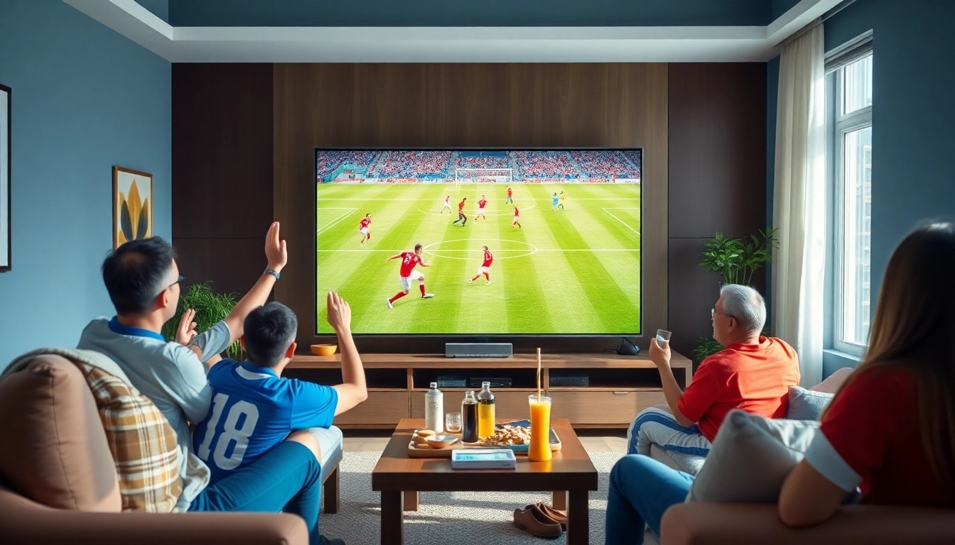 Engaged fans watching a live football match on vaoluoi tv in a cozy setting.